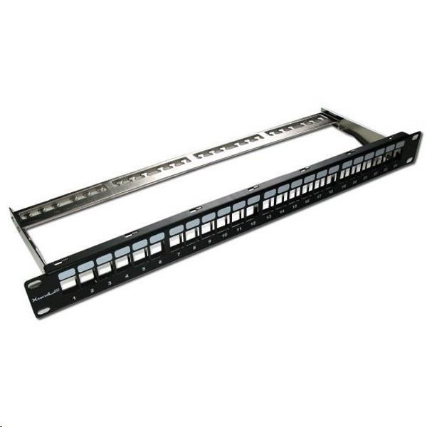 XtendLan Patch panel 19",  24 portů,  neosazený,  stíněný,  černý,  Cat5e/ 6/ 6A/ 7,  odnimatelný  vyvazovák0 