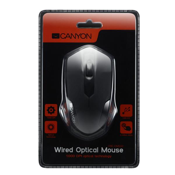 Canyon CM-02, optická myš, USB, 1000 dpi, 3 tlač, čierna, blister3 