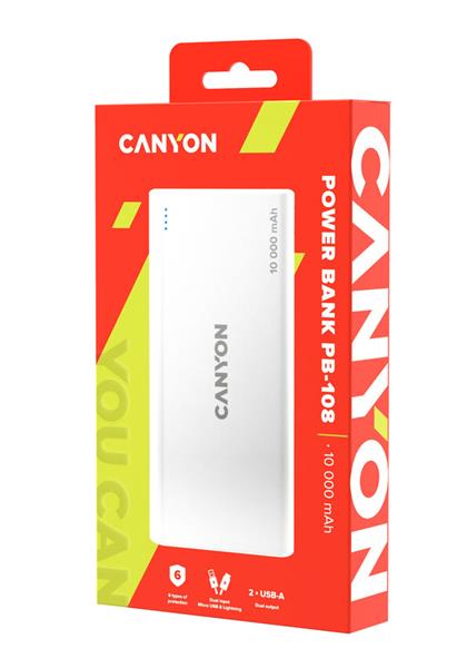 Canyon PB-108, Powerbank, Li-Pol, 10.000 mAh, Vstup: 1x Micro-USB, 1x Lightning, Výstup: 2x USB-A, biela3 