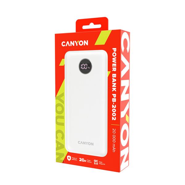Canyon PB-2002, Powerbank, Li-Pol, 20.000 mAh, Digitálny displej, Vstup: 1x USB-C, Výstup: 1x USB-C a 2x USB-A, biela3 