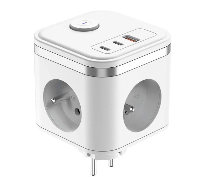 Viking síťový adaptér Y33,  3x 230 V,  1x USB-A,  2x USB-C,  tlačítko ON/ OFF,  bílá0 