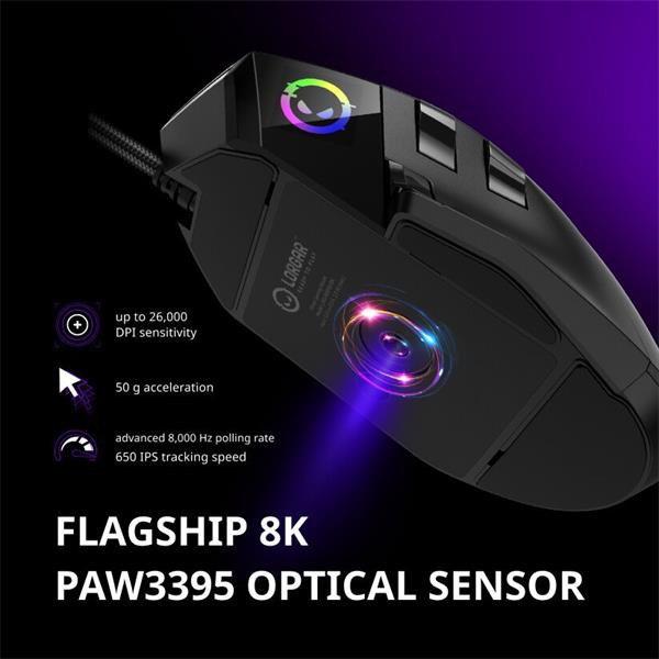 Lorgar MSP80, profi herná myš, 8 progr. tlač., senzor Pixart PAW3395, 26.000 DPI, režim podsv. RGB,  biela12 