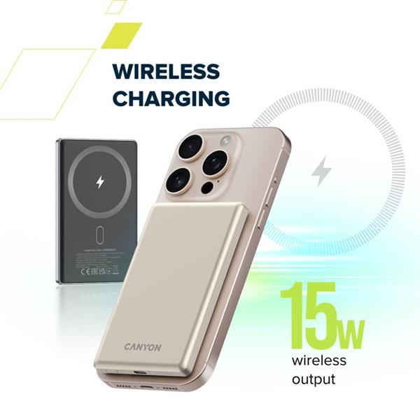 Canyon OnCharge 505, Powerbank, 5.000 mAh, in: USB-C, out: USB-C PD 20W + Wireless Magsafe 15W, ultratenká, šedá3 