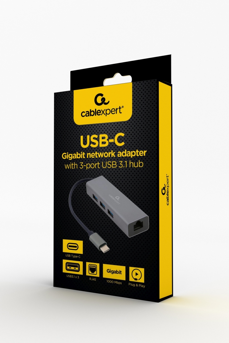 Gembird USB-C GBit adaptér + 3x USB 3.10 