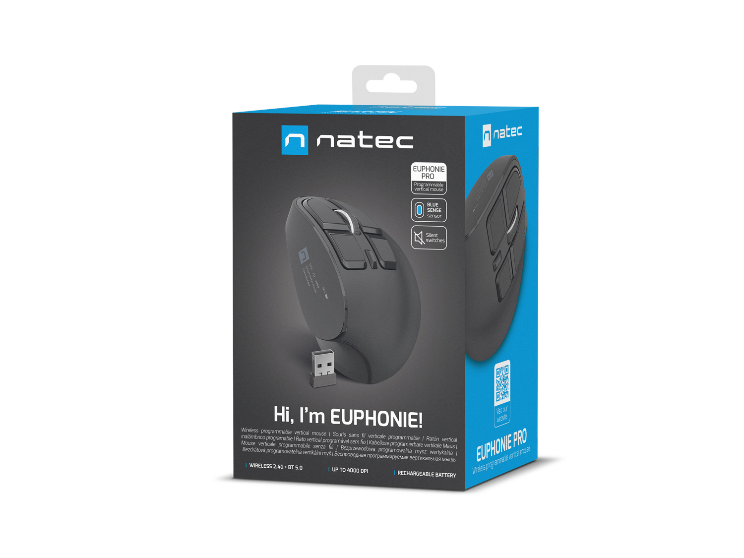 Vertikálna bezdrôtová myš Natec EUPHONIE PRO/ Vertikálna/ Blue Sense/ Pre pravákov/ 4 000 DPI/ USB+BT/ Čier8 