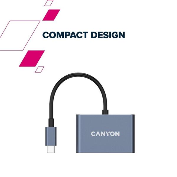 Canyon DS-4, USB-C HUB, 3 porty. 1xUSB-C, 1xUSB 3.2, 1xHDMI, 4K display support, 100W fast charging, 10Gbps9 