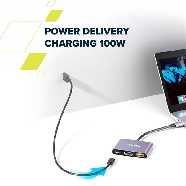 Canyon DS-4, USB-C HUB, 3 porty. 1xUSB-C, 1xUSB 3.2, 1xHDMI, 4K display support, 100W fast charging, 10Gbps8 