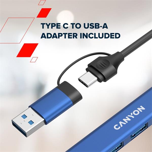 Canyon DS-02, USB-C Hub, 4 porty, 3xUSB 2.0 480Mbps, 1xUSB 3.0, 5Gbps, USB-C/USB-A adaptér, modrá1 