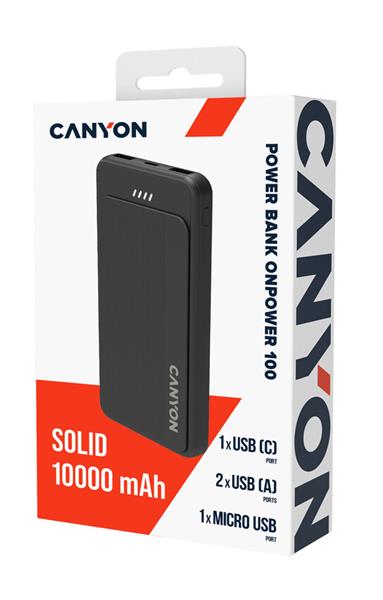 Canyon OnPower 100, Powerbank, 10.000 mAh, LED indikátor, in: 1x USB-C/1x microUSB, out: 1x USB-C a 2x USB-A 1 