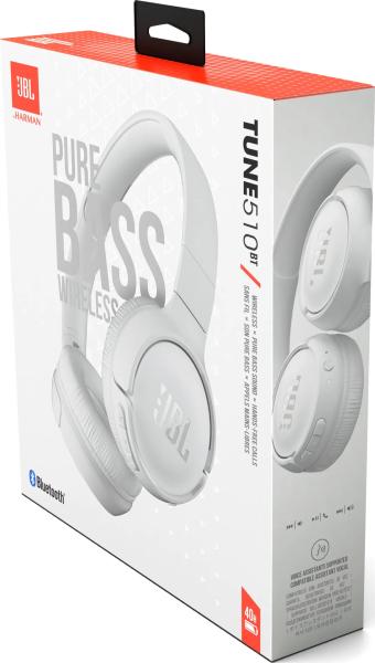 JBL Tune 510BT White sluchátka na uši,  bezdrátová,  Bluetooth 5.0,  32 ohm,  výdrž až 40 hod,  rychlé nabíjení,  bílá1