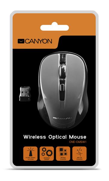 Canyon OnClick W01, Wireless optická myš USB, 800/1000/1200 dpi, šedo-čierna 