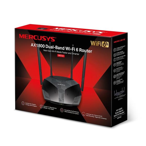 AX1800 Dual-Band Wi-Fi 6 Router SPEED: 574 Mbps at 2.4 GHz + 1201 Mbps at 5 GHz SPEC: 4× Fixed External Antennas, 3× Gig 