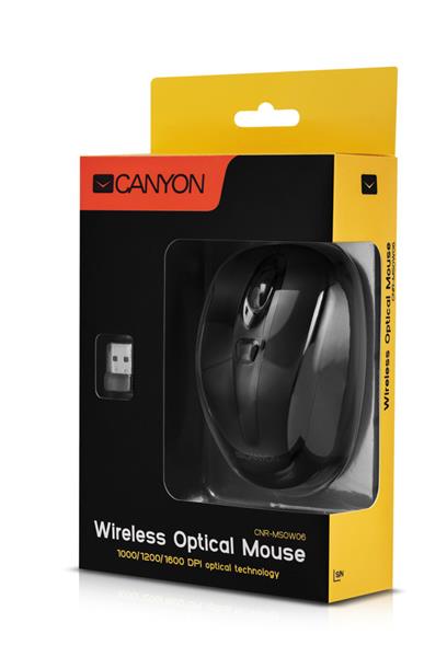 Canyon MSO-W6, Wireless optická myš USB, kompaktná, vhodná k notebookom, 1.600dpi, 6 tlač., čierna 