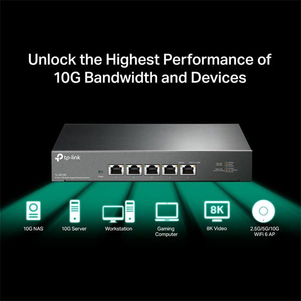 TP-LINK "5-Port 10G Multi-Gigabit Desktop SwitchPORT: 5× 10G RJ45 PortsSPEC: Desktop Steel CaseFEATURE: Plug and Play 