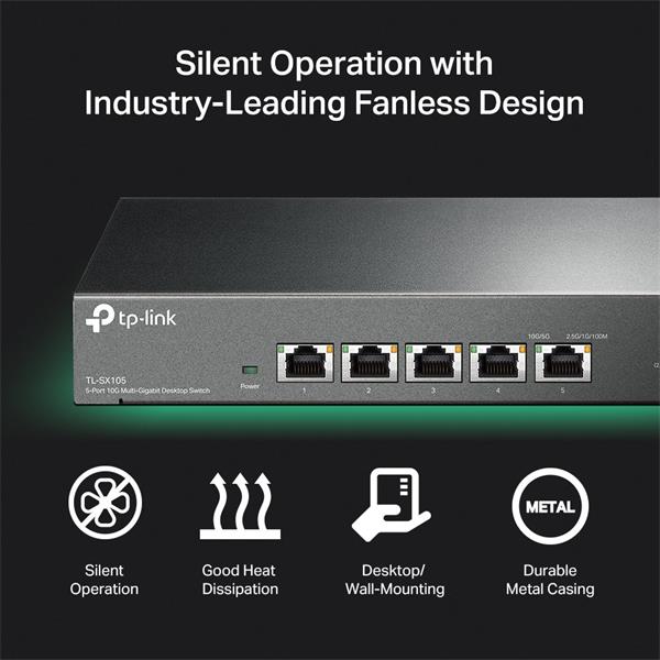 TP-LINK "5-Port 10G Multi-Gigabit Desktop SwitchPORT: 5× 10G RJ45 PortsSPEC: Desktop Steel CaseFEATURE: Plug and Play 