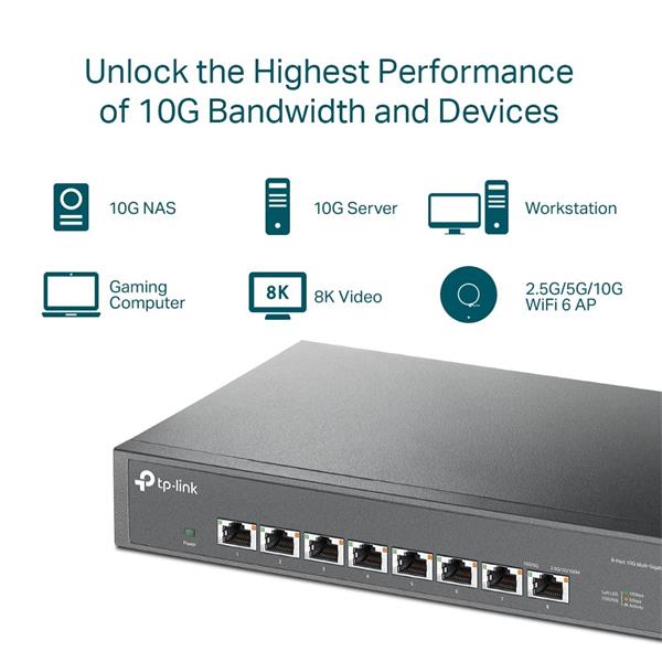 8-Port 10G Multi-Gigabit Switch PORT: 8× 10G RJ45 Ports SPEC: 1U 13-inch Rack-mountable Steel Case FEATURE: Plug and Pla 
