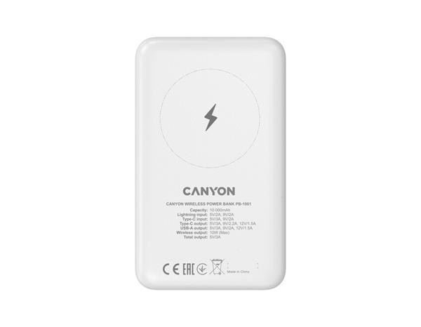 Canyon PB-1001, Powerbank, Li-Pol, 10.000 mAh, Vstup: 1x USB-C, 1x Lightning, Výstup: 1x USB-A, 1x USB-C, bezdr. nab 10W 