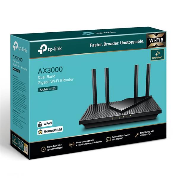 TP-LINK "AX3000 Dual-Band Wi-Fi 6 RouterSPEED: 574 Mbps at 2.4 GHz + 2402 Mbps at 5 GHz SPEC: 4× Antennas, 1× Gigabit  