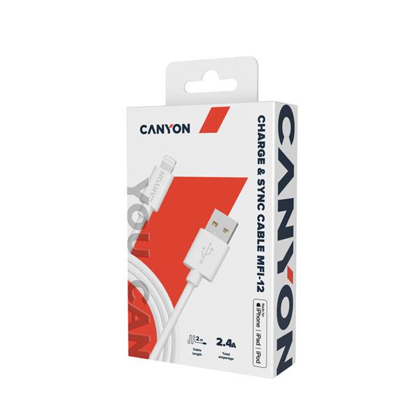 Canyon MFI-12, 2m PVC kábel Lightning/USB, 5V/2.4A, MFI schválený Apple, biely 