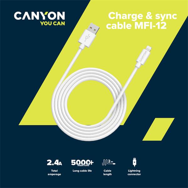 Canyon MFI-12, 2m PVC kábel Lightning/USB, 5V/2.4A, MFI schválený Apple, biely 