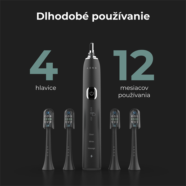 AENO sonická zubná kefka DB4, Čierna, 4 hlavice kefky + cestovne puzdro, DUPONT, 40000 rpm, 3 mody 