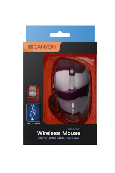 Canyon MW-01, Wireless optická myš USB, 6 tlač., 1000/1200/1600 dpi, LED senzor s modrým podsv., perleťovo fialová 