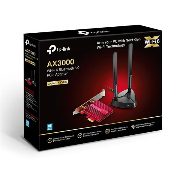 TP-LINK "AX3000 Dual Band Wi-Fi 6 Bluetooth PCI Express AdapterSPEED: 2402 Mbps at 5 GHz + 574 Mbps at 2.4 GHzSPEC: 2× 