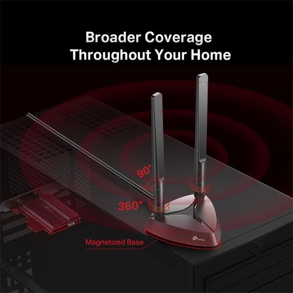 TP-LINK "AX3000 Dual Band Wi-Fi 6 Bluetooth PCI Express AdapterSPEED: 2402 Mbps at 5 GHz + 574 Mbps at 2.4 GHzSPEC: 2× 