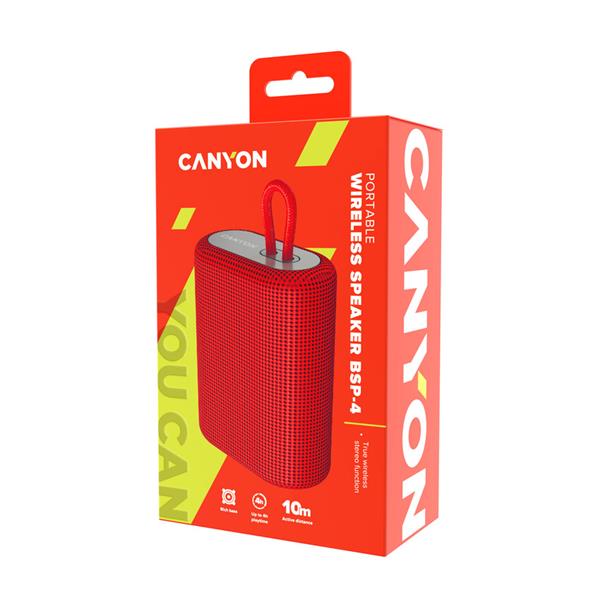 Canyon BSP-4, Bluetooth v 5.0 reproduktor, USB-C rýchle nabíjanie, TF Card, FM, červený 