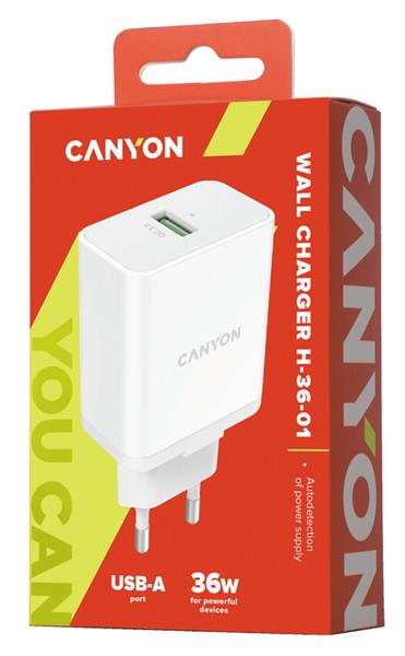 Canyon H-36 vysokorýchlostná univerzálna nabíjačka do steny 1xUSB-A, 36W Quick Charge 3.0 technológia, biela 