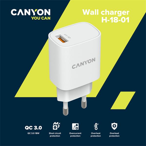 Canyon H-18, univerzálna nabíjačka do steny 1xUSB-A, 18W Quick Charge 3.0, biela 