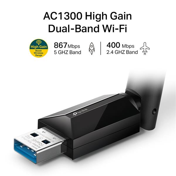TP-LINK "AC1300 High Gain Dual Band Wi-Fi USB AdapterSPEED: 867 Mbps at 5 GHz, 400 Mbps at 2.4 GHzSPEC: 1× High Gain E 