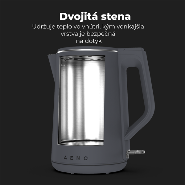 AENO Rychlovarná kanvica EK4 - 1,5l, 2200W, čierna Strix, dvojvrstvá stena, auto vypnutie 