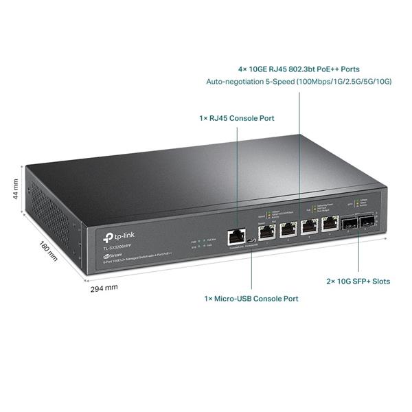 Omada 4-Port PoE++ 10GBase-T L2+ Managed Switch with 2 10GE SFP+ Slots PORT: 4× 10G PoE++ Ports, 2× 10G SFP+ Slots, RJ45 