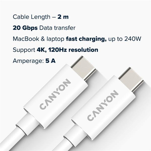Canyon UC-42, 2 m kábel USB-C / USB-C, 48V/5A, výkon 240W EPR, 20GBPS, pre notebooky, E-mark čip, biely 