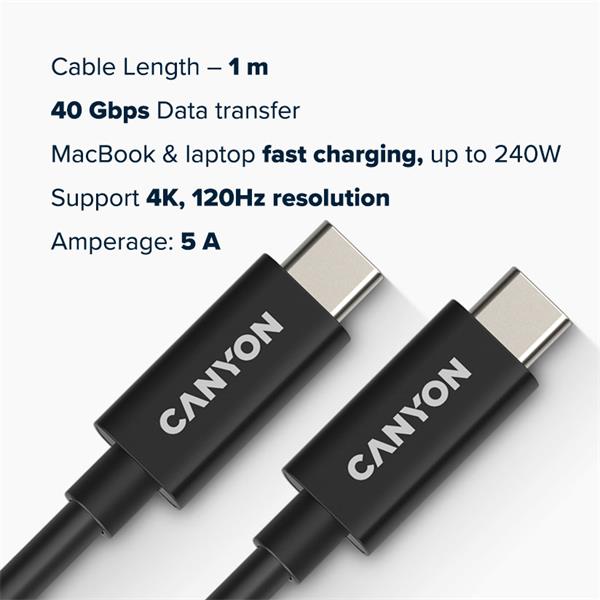 Canyon UC-44, 1 m kábel USB-C / USB-C, 48V/5A, výkon 240W EPR, 400GBPS, pre notebooky, E-mark čip, čierny 