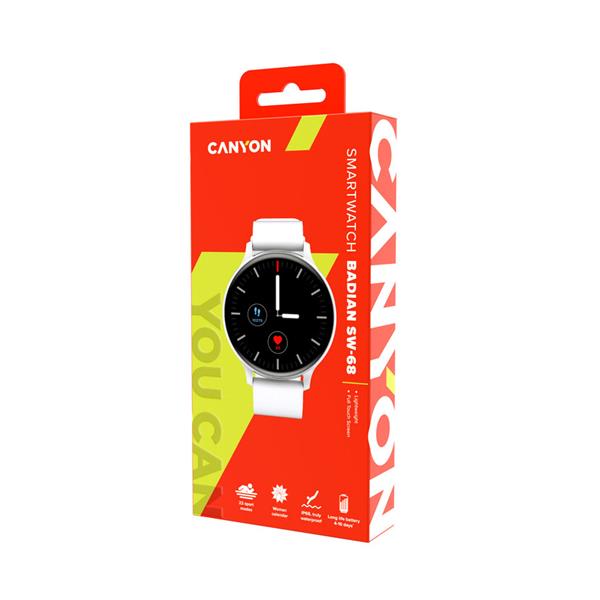 Canyon SW-68, Badian smart hodinky, BT, fareb. LCD displej 1.28´´, vodotes. IP68, 22 športov, biele 