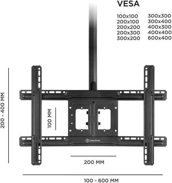 ONKRON TV Stropný držiak s nastaviteľnou výškou pre 32 až 80-palcové LED TV, VESA 600x400, 65KG, čierny 