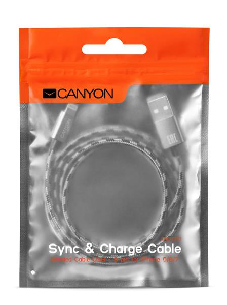 Canyon CFI-3, 1m kábel Lightning/USB, bez Apple certifikácie MFi, opletený, tmavošedý 