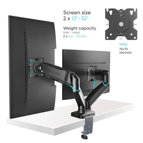 ONKRON Dualny plynový stolný držiak pre 13 až 32"LED monitory do 8 kg, čierny 