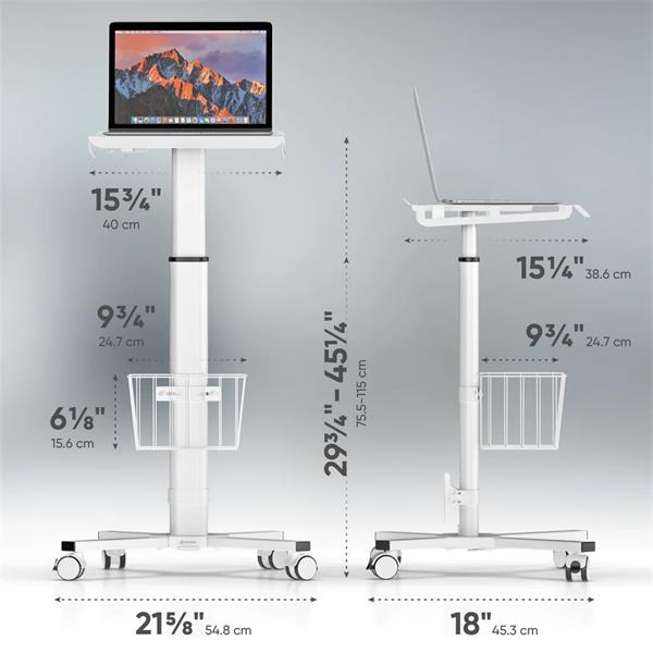 Výškovo nastaviteľný lekársky vozík na notebook na kolieskach ONKRON LMG30, biely 