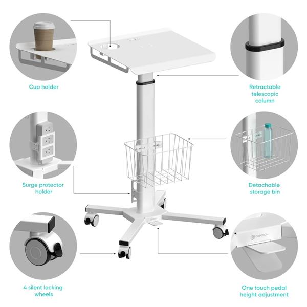 Výškovo nastaviteľný lekársky vozík na notebook na kolieskach ONKRON LMG30, biely 