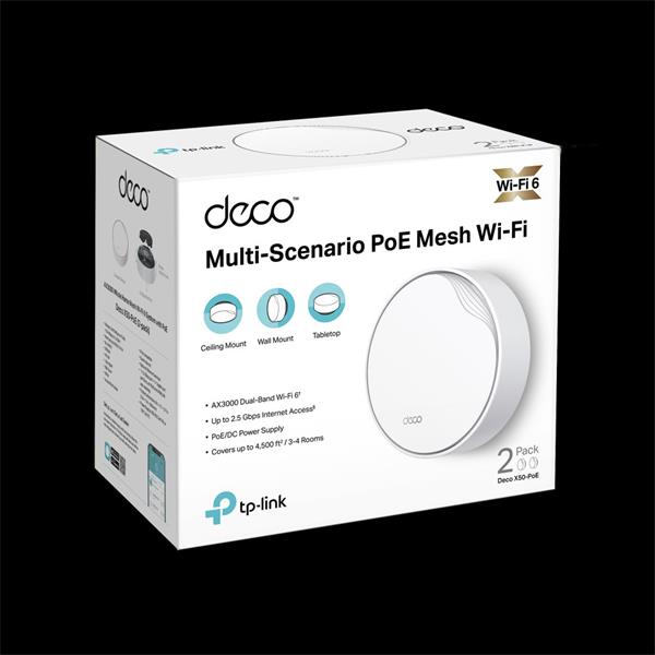 AX3000 Whole Home Mesh Wi-Fi 6 System with PoE SPEED: 574 Mbps at 2.4 GHz + 2402 Mbps at 5 GHz SPEC: 4× Internal Antenna 