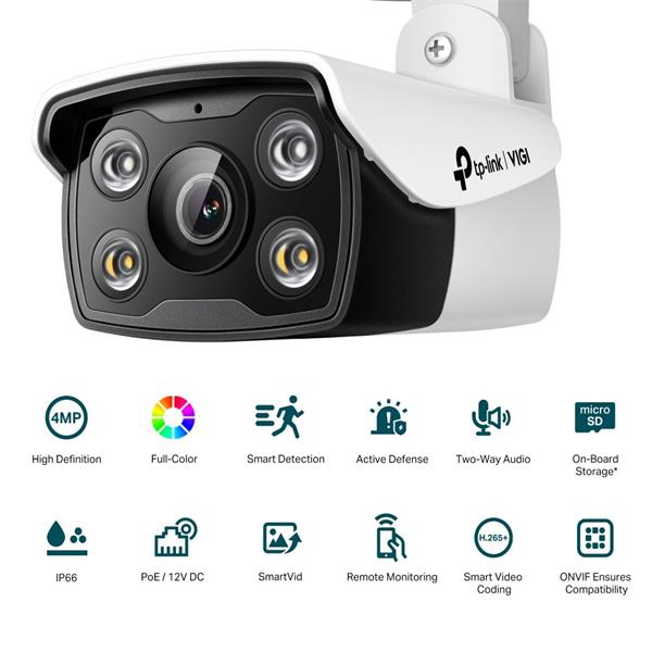 TP-LINK "4MP Outdoor Full-Color Bullet Network CameraSPEC: H.265+/H.265/H.264+/H.264, 1/3"" Progressive Scan CMOS, Colo 