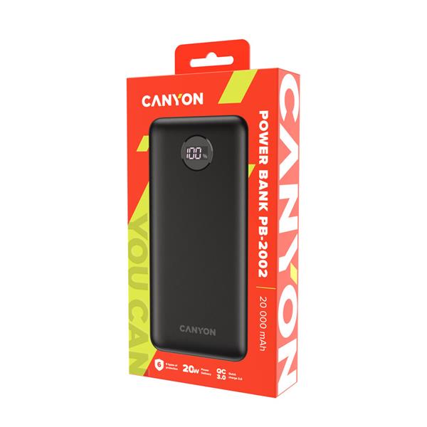 Canyon PB-2002, Powerbank, Li-Pol, 20.000 mAh, Digitálny displej, Vstup: 1x USB-C, Výstup: 1x USB-C a 2x USB-A, čierna 