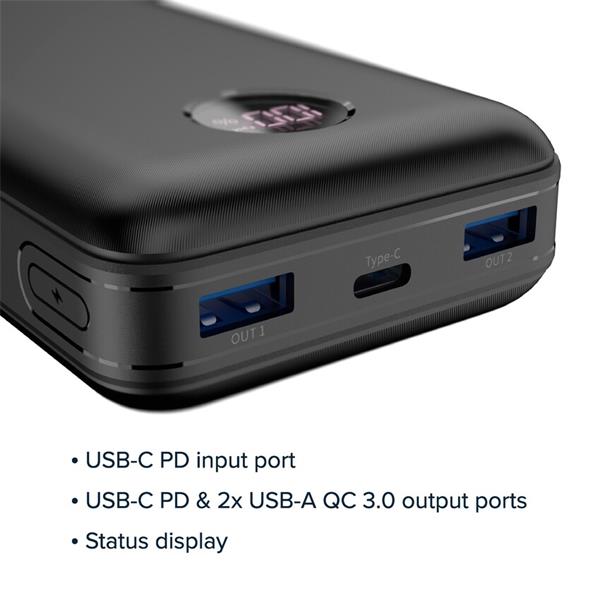 Canyon PB-2002, Powerbank, Li-Pol, 20.000 mAh, Digitálny displej, Vstup: 1x USB-C, Výstup: 1x USB-C a 2x USB-A, čierna 