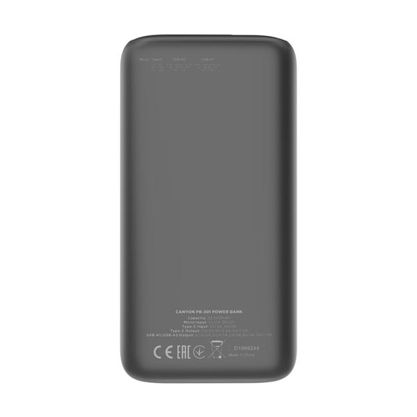 Canyon PB-301, Powerbank, Li-Pol, 30.000 mAh, Vstup 1x USB-C a 1x Micro-USB, výstup: 1x USB-C a 2x USB-A, čierna 