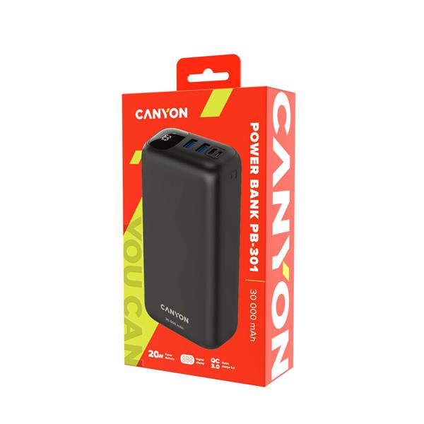 Canyon PB-301, Powerbank, Li-Pol, 30.000 mAh, Vstup 1x USB-C a 1x Micro-USB, výstup: 1x USB-C a 2x USB-A, čierna 