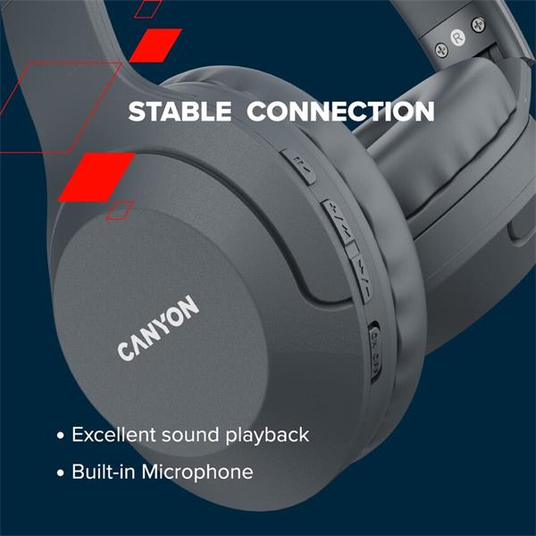 Canyon BTHS-3 Bluetooth bezdrôtové slúchadlá, USB-C nabíjanie, sklápací dizajn, handsfree, 15 hod výdrž, šedé 