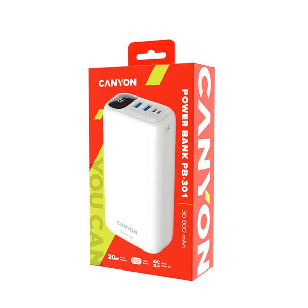 Canyon PB-301, Powerbank, Li-Pol, 30.000 mAh, Vstup 1x USB-C a 1x Micro-USB, výstup: 1x USB-C a 2x USB-A, biela 